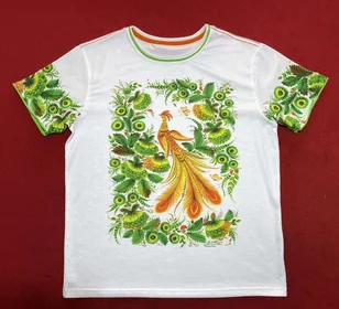 Футболки с полной запечаткой: Петриківка Чарівний птах у зелених квітах